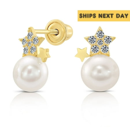 10k Gold Tiny White Freshwater Cultured Pearl Stud Earrings, Star CZ Charm in Secure Screw-backs