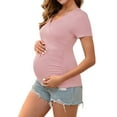 thumbnail image 2 of INSPIRE CHIC Women's Maternity Top Ruched Cross V Neck Faux Wrap Short Sleeve Blouse T-Shirt Medium Pink&Army Green, 2 of 4
