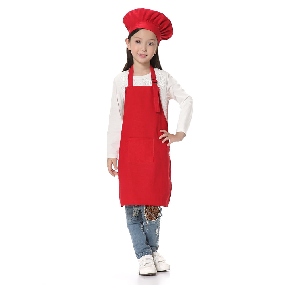 E-VIVO 48 Pieces Childrens Artists Fabric Aprons and White Kids Chef Hats for 2-7 Years Kid Classroom Community Event Kitchen Crafts and Art Painting Activity-Safe Clean 