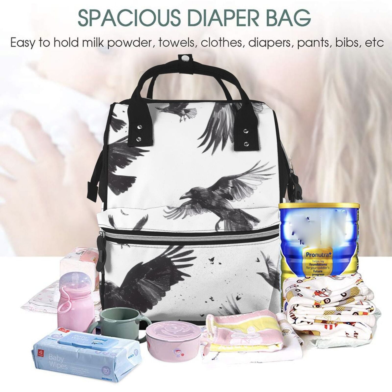 Ratiio Monochrome Flying Ravens Mummy Backpack - Waterproof Twill Canvas, Large Capacity Diaper Bag with Multiple Pockets and Adjustable Straps