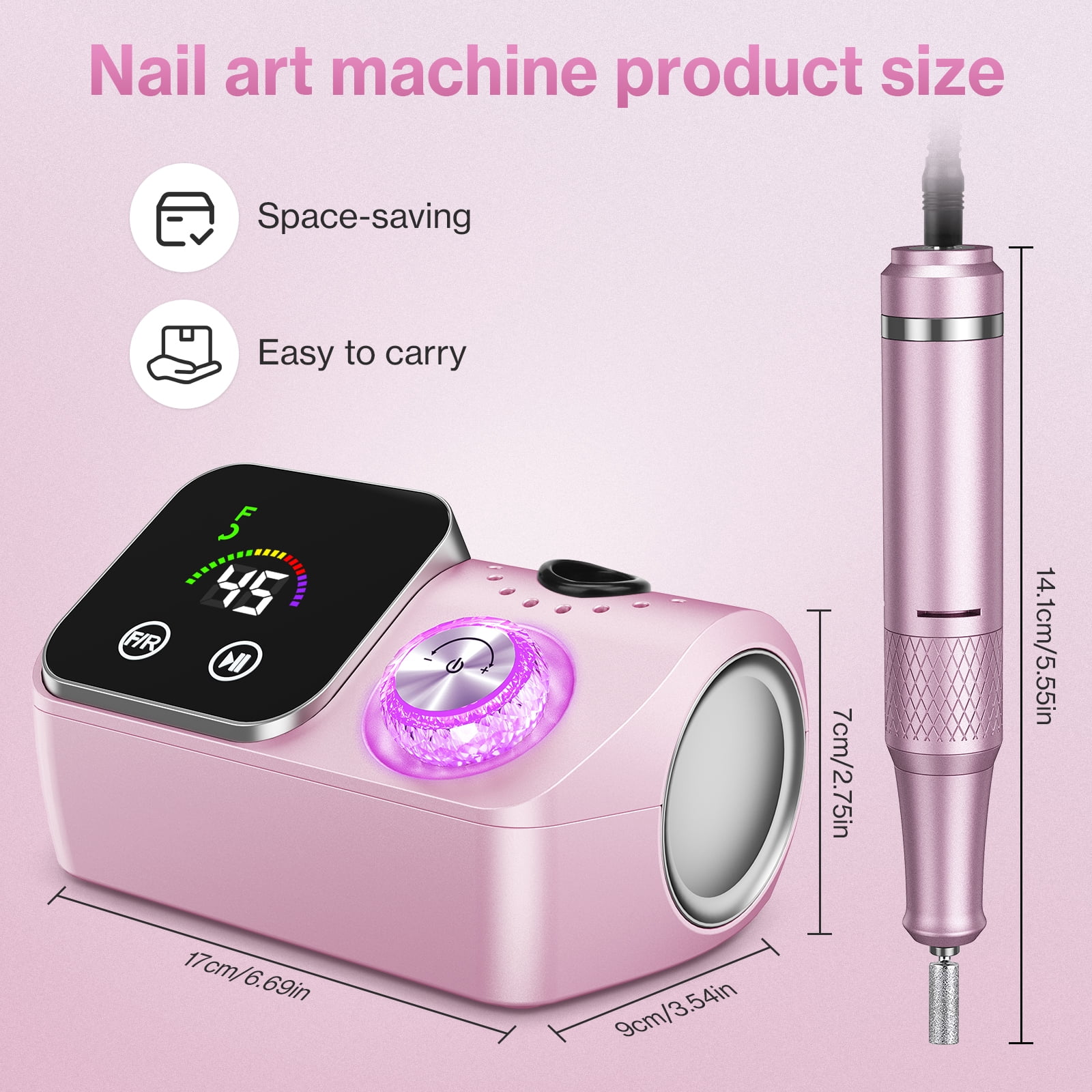 Electric Nail Drill Professional 45000RPM, Smart Touch Display Electric Nail File, Nail Drill Kit for Remover Acrylic & Gel Nails Manicure for Salon Home,Pink