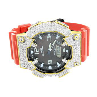 Mens AQS810WC-3A Watch Solar Powered Red Silicone Band Lab Created Cubic Zirconia