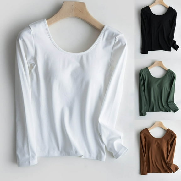 Antinious Long Sleeve Shirts for Women Crewneck Solid Built In Bra T-Shirt,Fall Winter Savings!Sweatshirt for Women,Going Out Tops for Women,Black,L