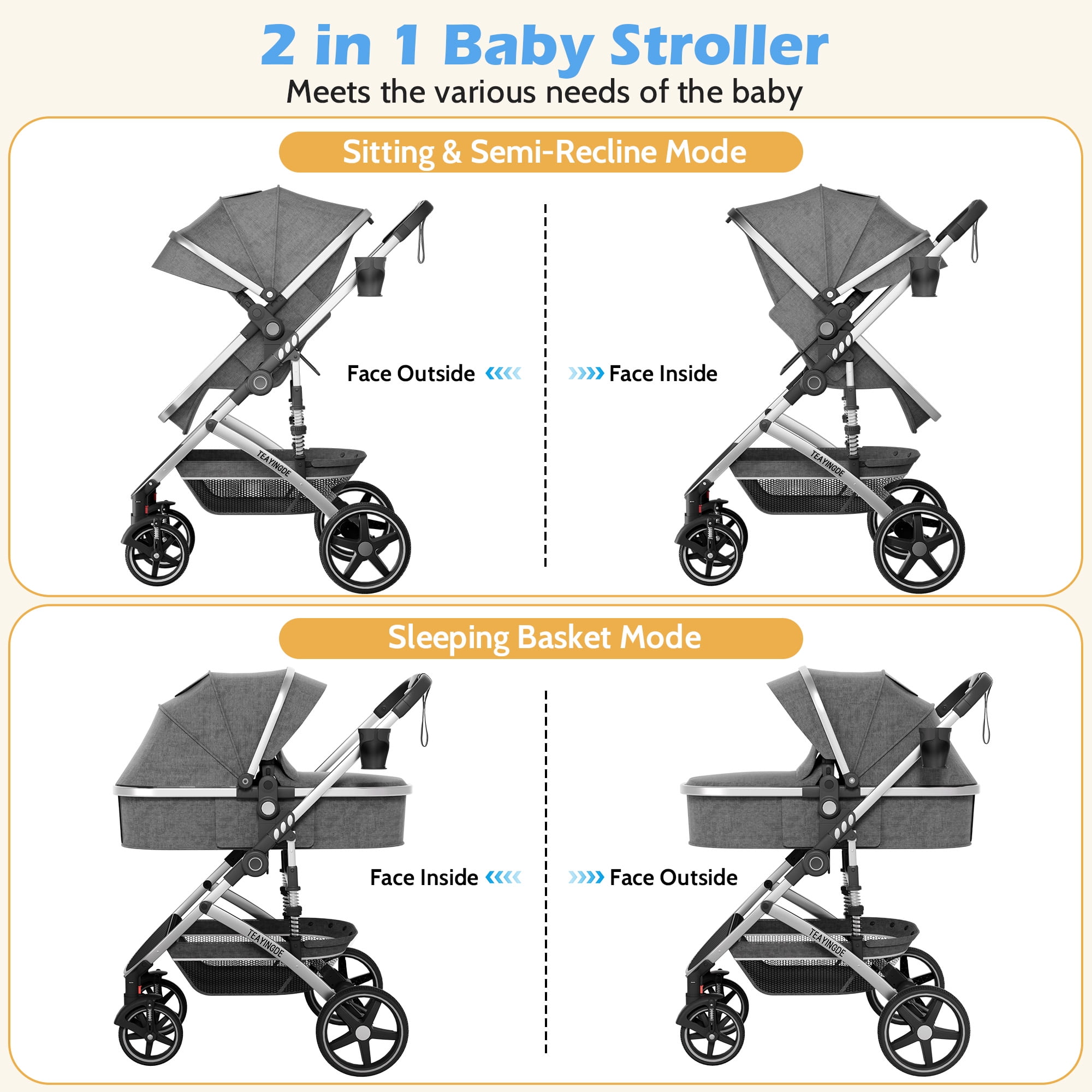 babyeap 2 in 1 Baby Stroller,Foldable Lightweight Carriage Reversible Bassinet Pram for Toddler,Travel Stroller with with Cup Holder、Storage Bag,Gray