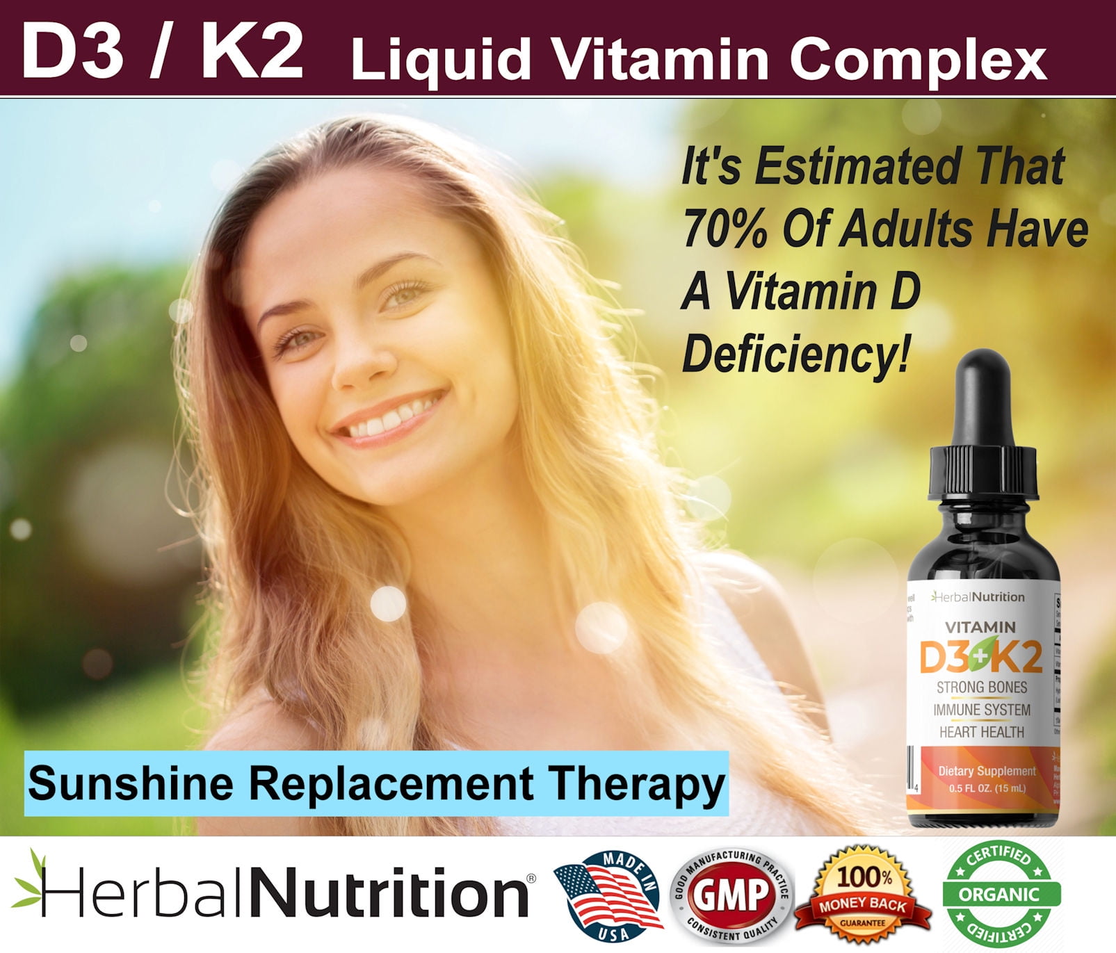 Two Pack - Vitamin D3 Liquid Complex Organic D3 K2 5000iu 270 Servings Per Bottle from Herbal Nutrition