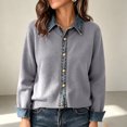 thumbnail image 2 of Fengqque Women’s Denim Collar Button Down Cardigan Sweaters Long Sleeve Cuffed Denim Trim Loose Fit Outerwear Tops Gray Free Size, 2 of 6