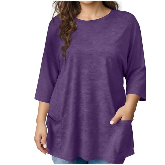Ruimatai Women's 3/4 Sleeve Blouse Round Neck Casual Top with Pockets, Stylish and Comfortable Tunic for Everyday Wear