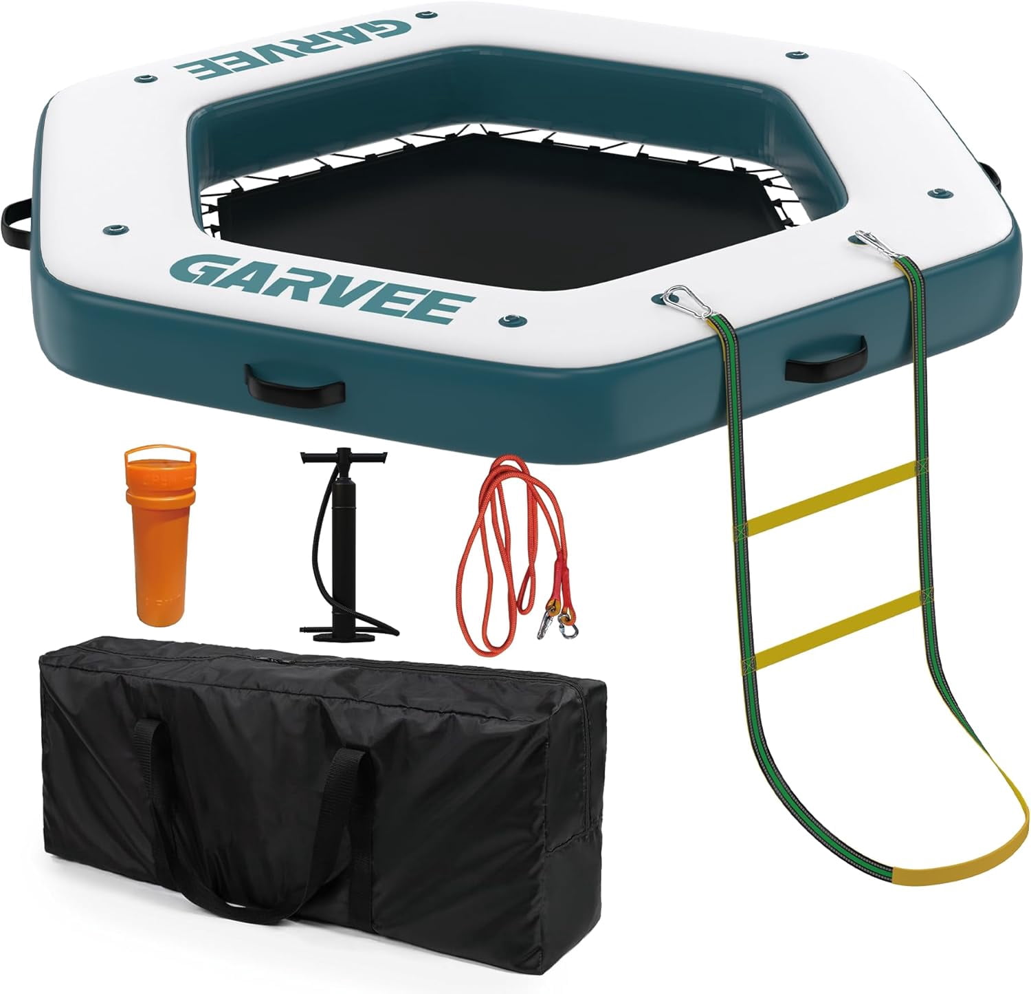 Blue 8.5 x 8.5 FT Hexagon Inflatable Floating Dock – Platform with Central Mesh Swim Area, Non-Slip EVA Deck, Rope Ladder, Pump & Storage Bag, Safe Water Raft for Lakes, Pools, Ocean & Boating