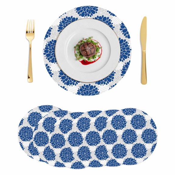 Dahlia Flower Round 15 Inch Placemats Set of 6, Farmhouse Botanical Blue Grey Floral HeatResistant Non Slip Place Mats for Dining Table, Wipeable Braided Kitchen Table Mats for Housewarming