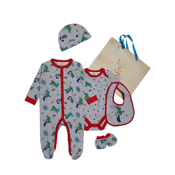 Lily and Jack Rockstar Croc Ensemble Layette 5 Pcs – Essentiels pour Bébé 100 % Coton, Dormeuse, Cache-Couche et Plus – Cadeau Adorable et Confortable pour Bébés Garçons et Filles