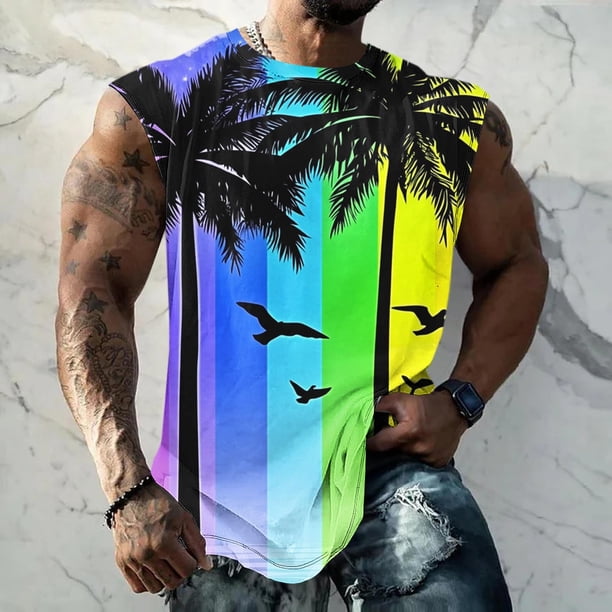 Camiseta sin mangas de cuello redondo para hombre, informal, a la moda, con estampado, sin mangas, deportiva, con cuello redondo