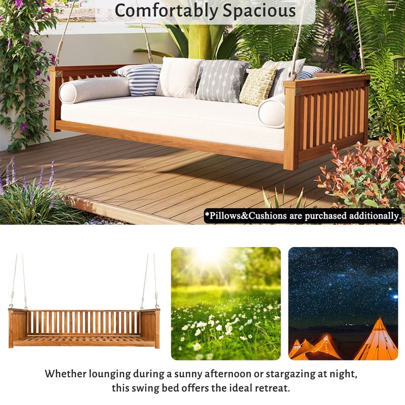 Patio Twin Size Garden Swing Bed, Wooden Porch Swing Frame with Ropes, Outdoor Hanging Swing for Garden, Backyard, Patio, Safe Sloped Design