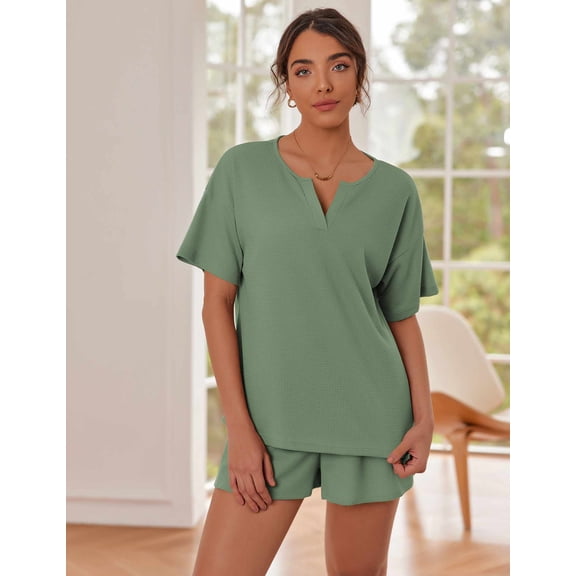 Ekouaer Waffle Knit Lounge Sets for Women 2 Piece Outfits Short Sleeve Top and Shorts Pajama Sets Tracksuit Sweatsuits S-XXL