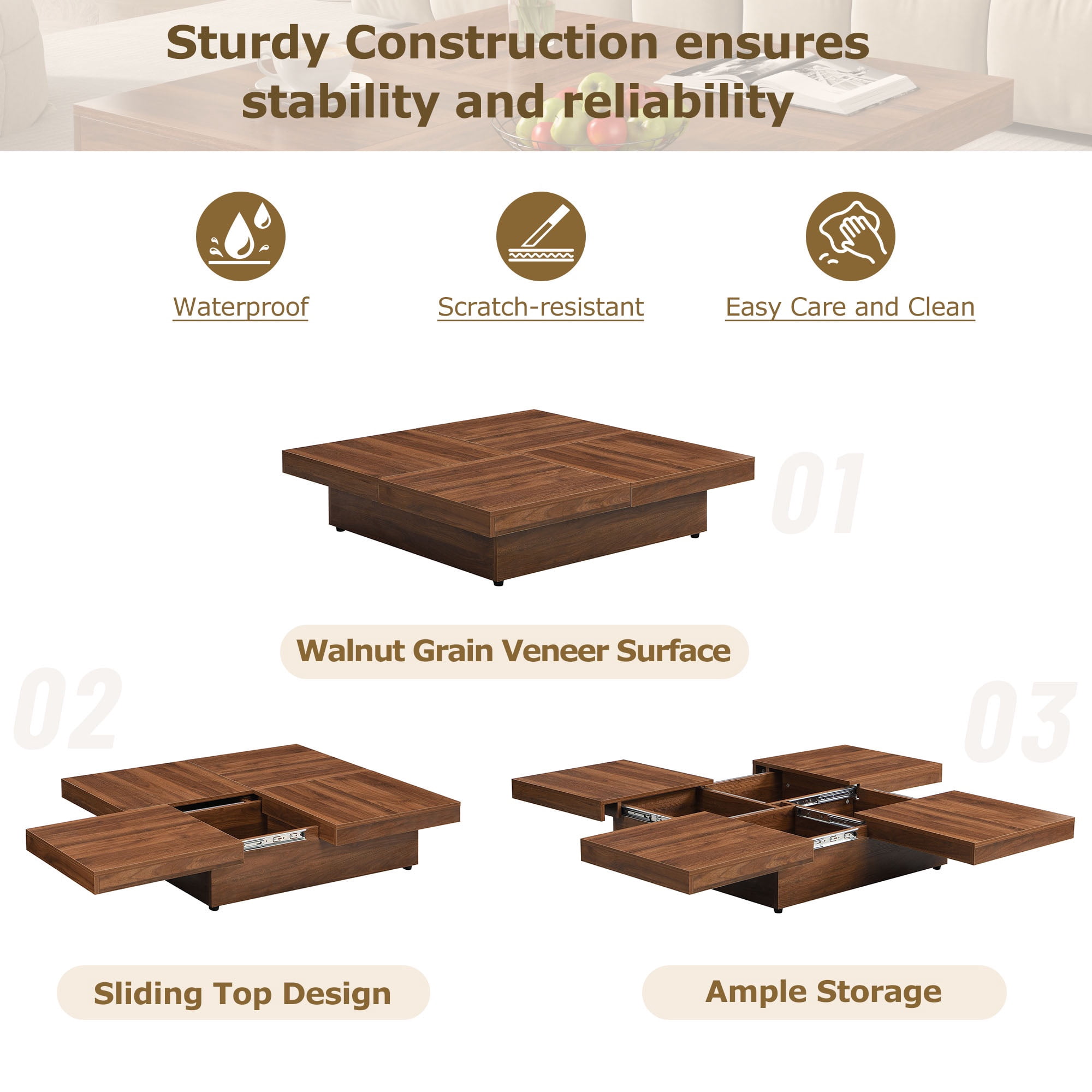 PORKISS Square Coffee Table, Modern Coffee Table with Sliding Top and Storage Space, Cocktail Table with Storage and Grain Veneer Finish, Freestanding Storage Coffee Table for Living Room, Walnut