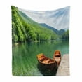 thumbnail image 1 of Nature Soft Flannel Fleece Blanket, Boats on the Lake by Forest Surreal Serene in Woodland Paastoral Landscape, Cozy Plush for Indoor and Outdoor Use, 70" x 90", Fern Green Cinnamon, by Ambesonne, 1 of 6