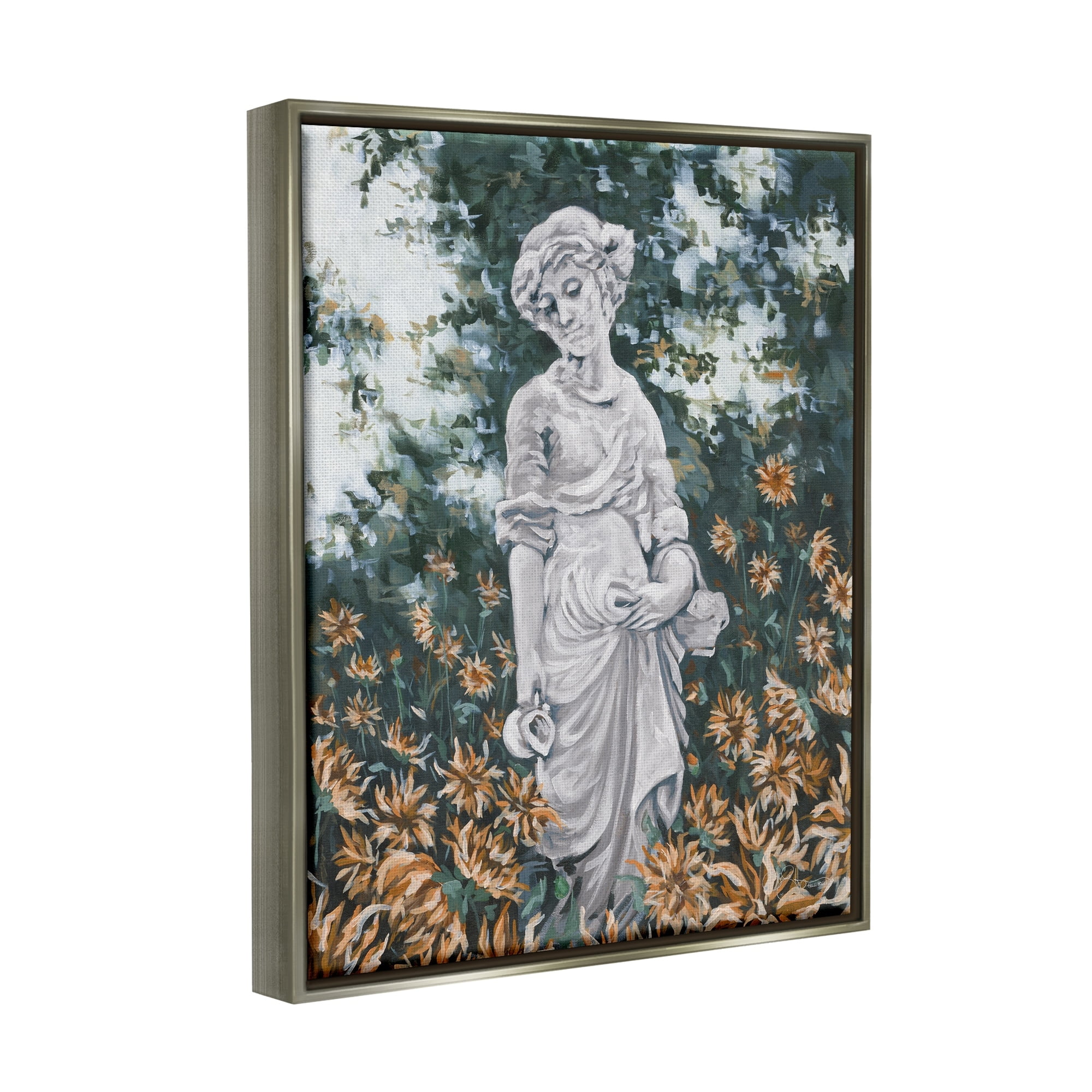 Stupell Industries Graceful Garden Woman Statue Surrounded Flower Blossoms Painting Luster Gray Floating Framed Canvas Print Wall Art, Design by Hollihocks Art