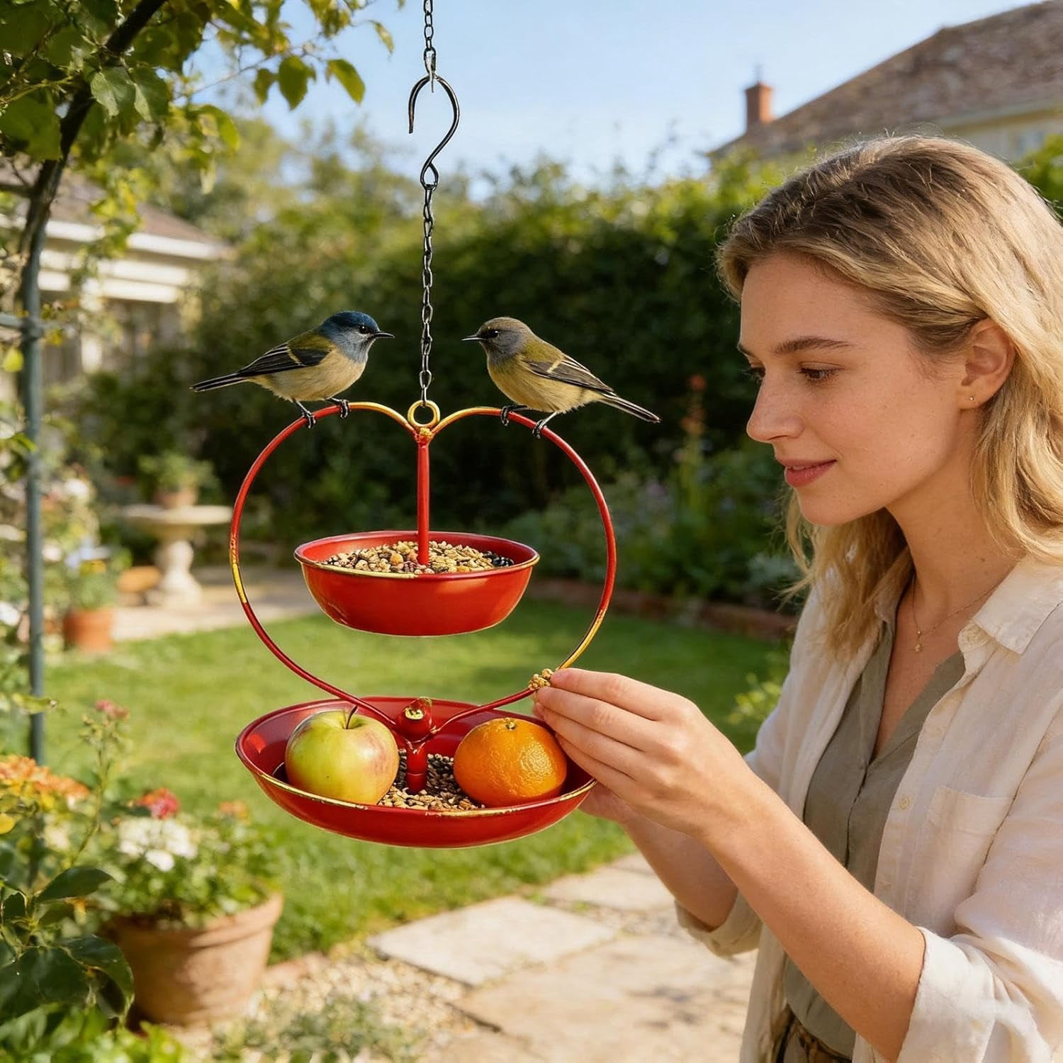 Heart-Shaped Hanging Bird Feeder, Double Layer Iron Feeder for Outdoor Garden, Retro Balcony Decor, Wildlife Accessory for Backyard Bird Feeding
