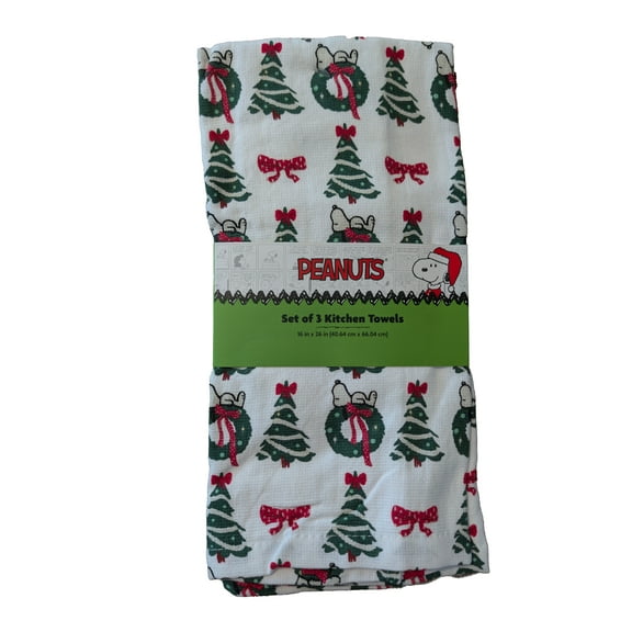 Peanuts 3 Pack 100% Cotton Kitchen Towels Christmas Snoopy Wreaths