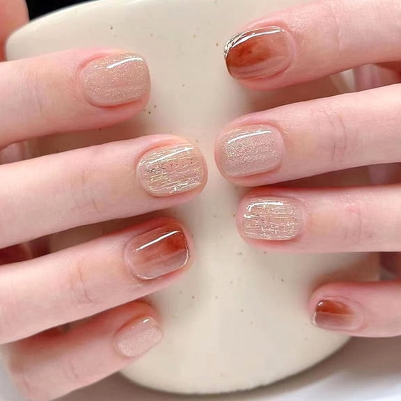 Square Press on Nails Short Fake Nails with Flower Design False Nails Press ons Milky White Full Cover Glue on Nails Glossy Stick on Nails for Women 24Pcs Milky White Silver Glitter Lines