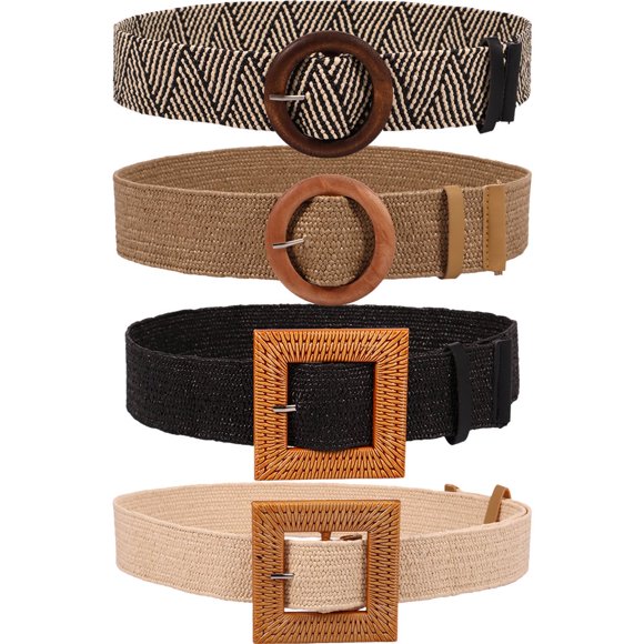 4Pcs Linen Braided Belt Fashion Woven Elastic Belt Boho Skinny Dress Stretch Waist Belt Charm Women Jeans Belt Decorative
