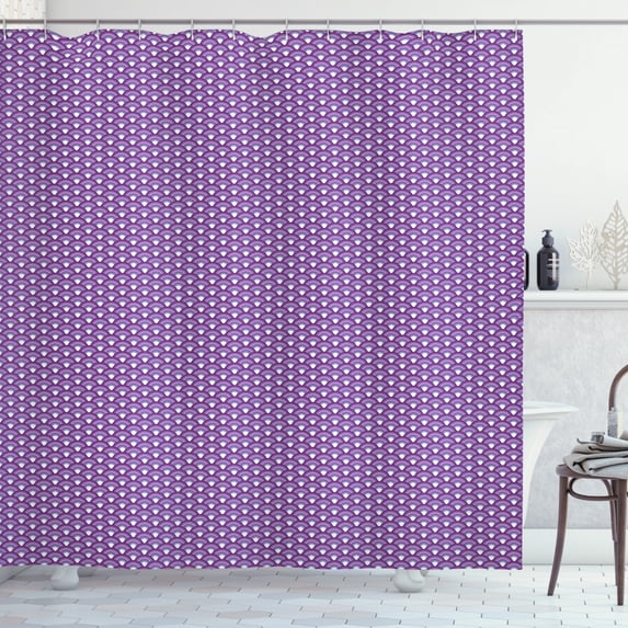 Fish Scale Shower Curtain, Japanese Wave Pattern in Purple Shades Oriental Concentric Forms, Fabric Bathroom Set with Hooks, 69W X 84L Inches Extra Long, Purple Lavander and White, by Ambesonne