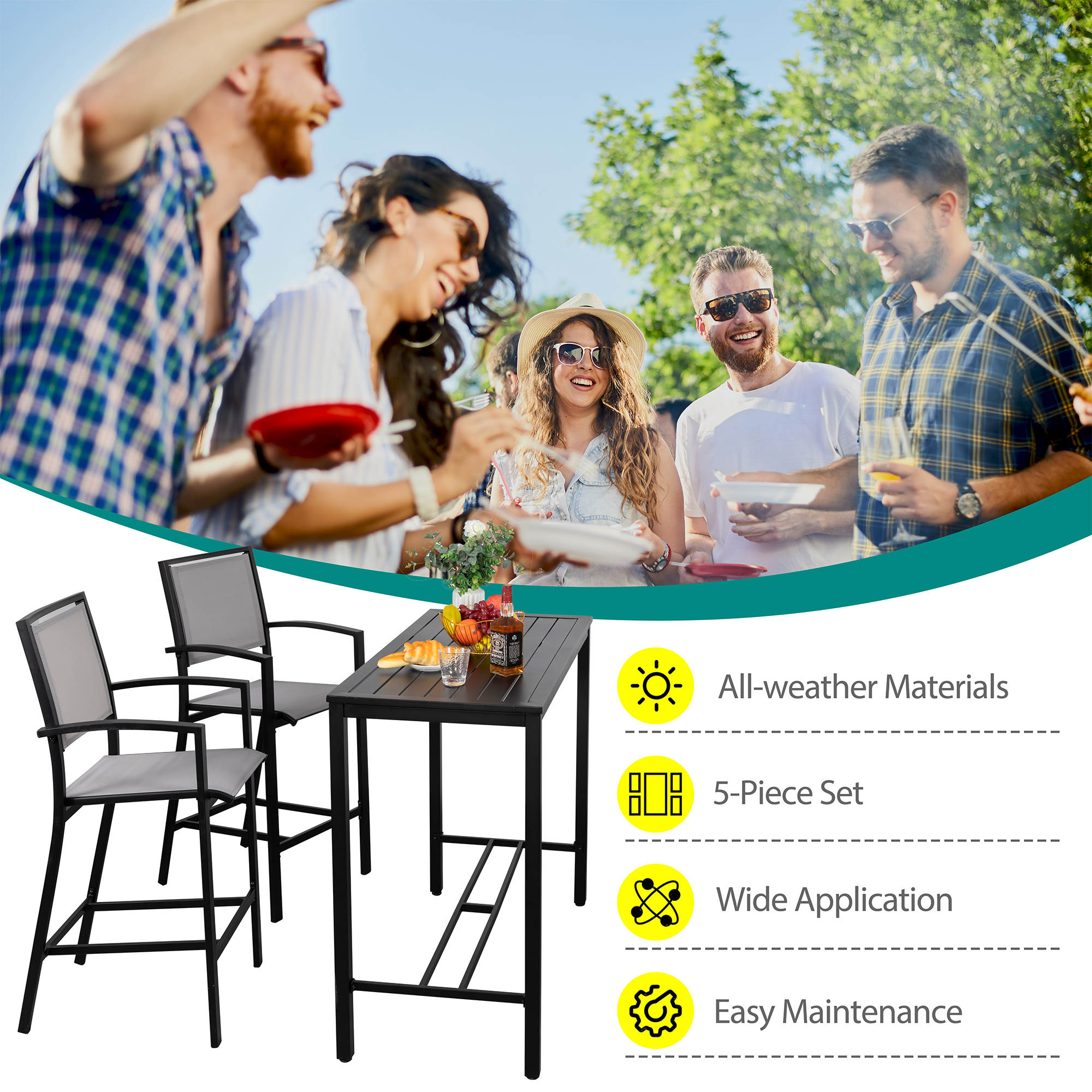 Walsunny 5 Piece Patio High Bar Set, Outdoor Bistro Set All Weather Metal Textilene Patio Dining Set Stools Chair of 4 and Bar Table Gray - image 5 of 7