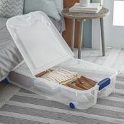 Sterilite Latching Wheeled Storage Bin, 66 Quart Clear Underbed Storage Container with Latch Lid, Blue, 4 Pack
