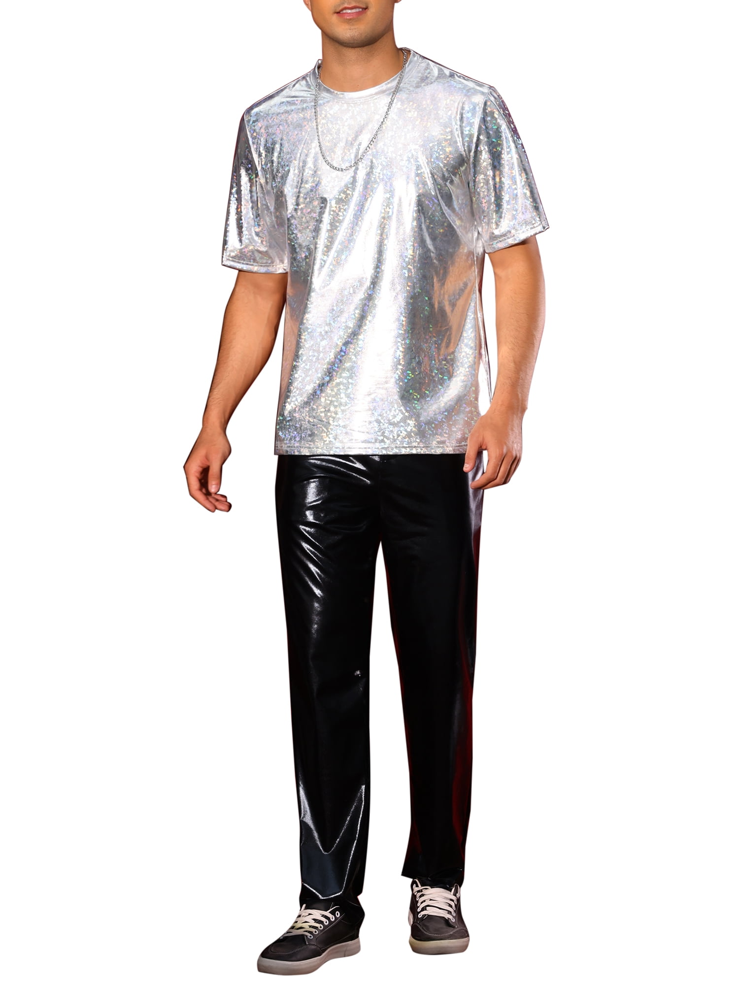 INSPIRE CHIC Holographic T-Shirts for Men's Crew Neck Short Sleeved Party Disco Shiny t Shirt S Silver