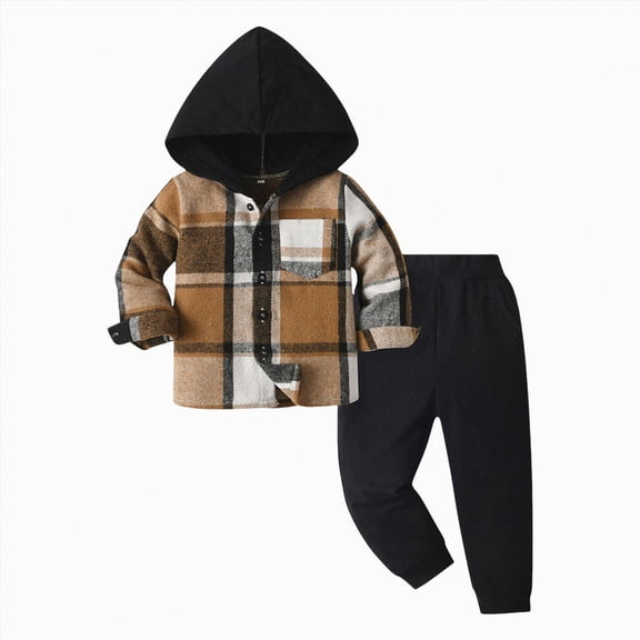 CAUYDY Boys 2 Piece Outfit for Kids Plaid Button Jacket Plaid Jogger Pants Toddler Baby Casual Matching Set Fall Winter Black for Sizes 6-7 Years