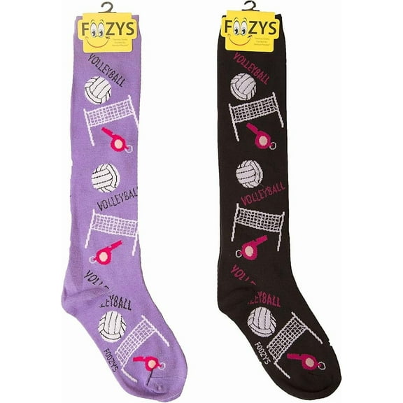 Foozys Women’s Novelty Knee High Socks | Volleyball (FK-28) Cute, Fun and Makes a Great Gift! |Two Pair (One Black & One Purple) | Women’s US Shoe Size 4-10