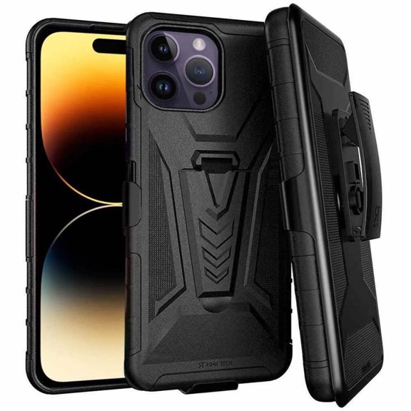 Rome Tech Dual Layer Shockproof Phone Case with Kickstand and Belt Clip Holster for Apple iPhone 14 Pro Max 6.7" (2022) - Heavy Duty iPhone 14 Pro Max Case - Black