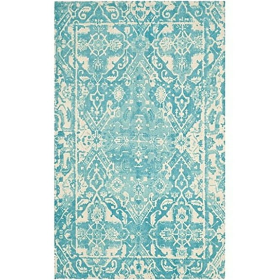 SAFAVIEH Restoration Vintage Eunice Border Wool Area Rug, Light Blue/Ivory, 6' x 6' Square