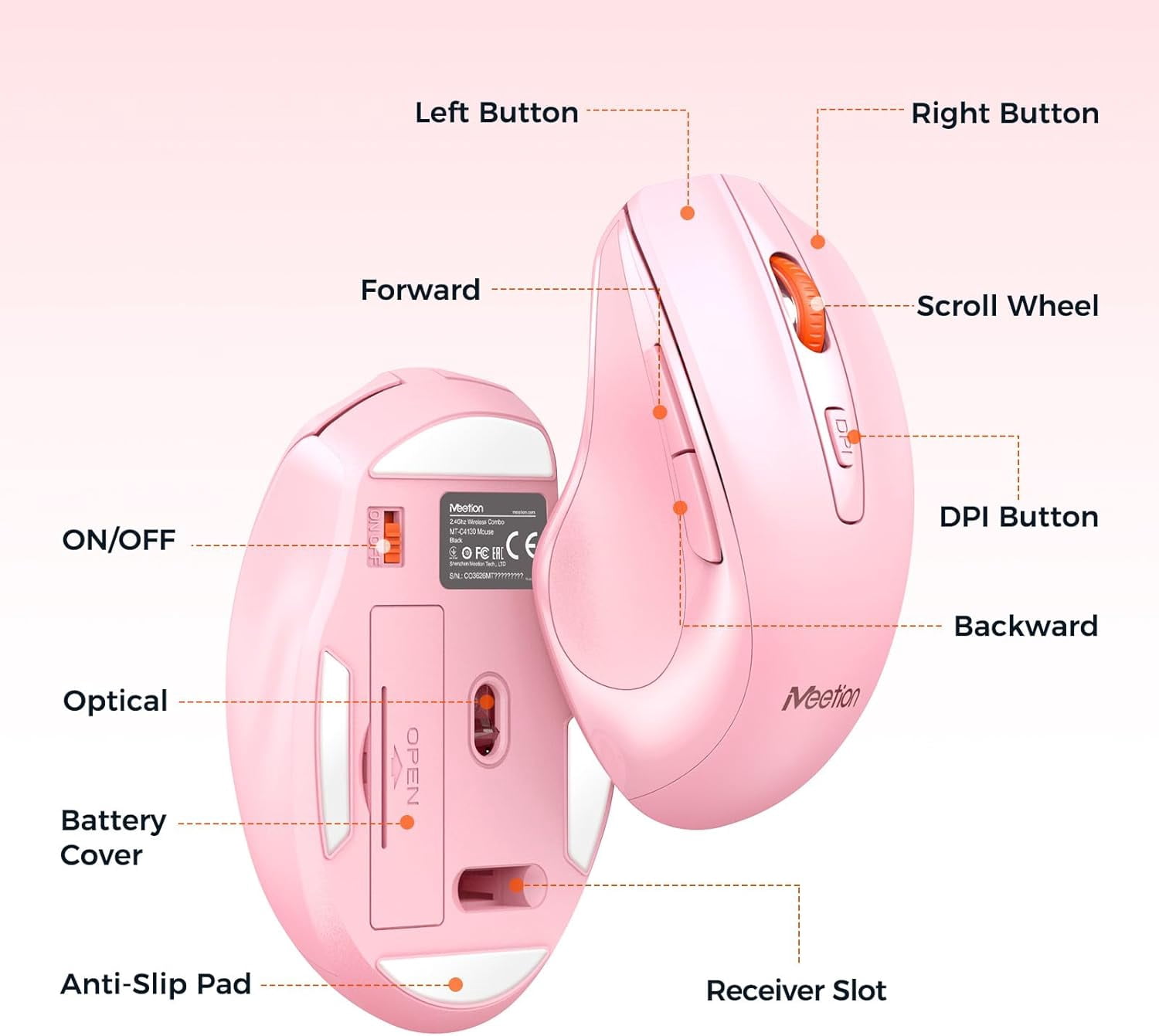 Wireless Keyboard and Mouse, Full-Sized Cordless Keyboard with Wrist Rest and 3 DPI Adjustable Mouse, 2.4G Wireless, Compatible with PC/Computer/Laptop/Windows/Mac, Pink