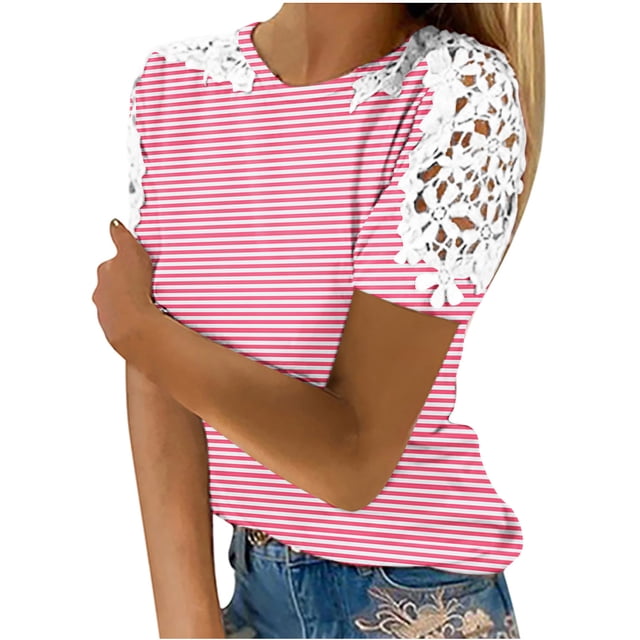Camisas de Manga Corta para las Mujeres Impresión Cuello Redondo Suéter Encaje Camisa, Blusa de Verano Casual para las Mujeres