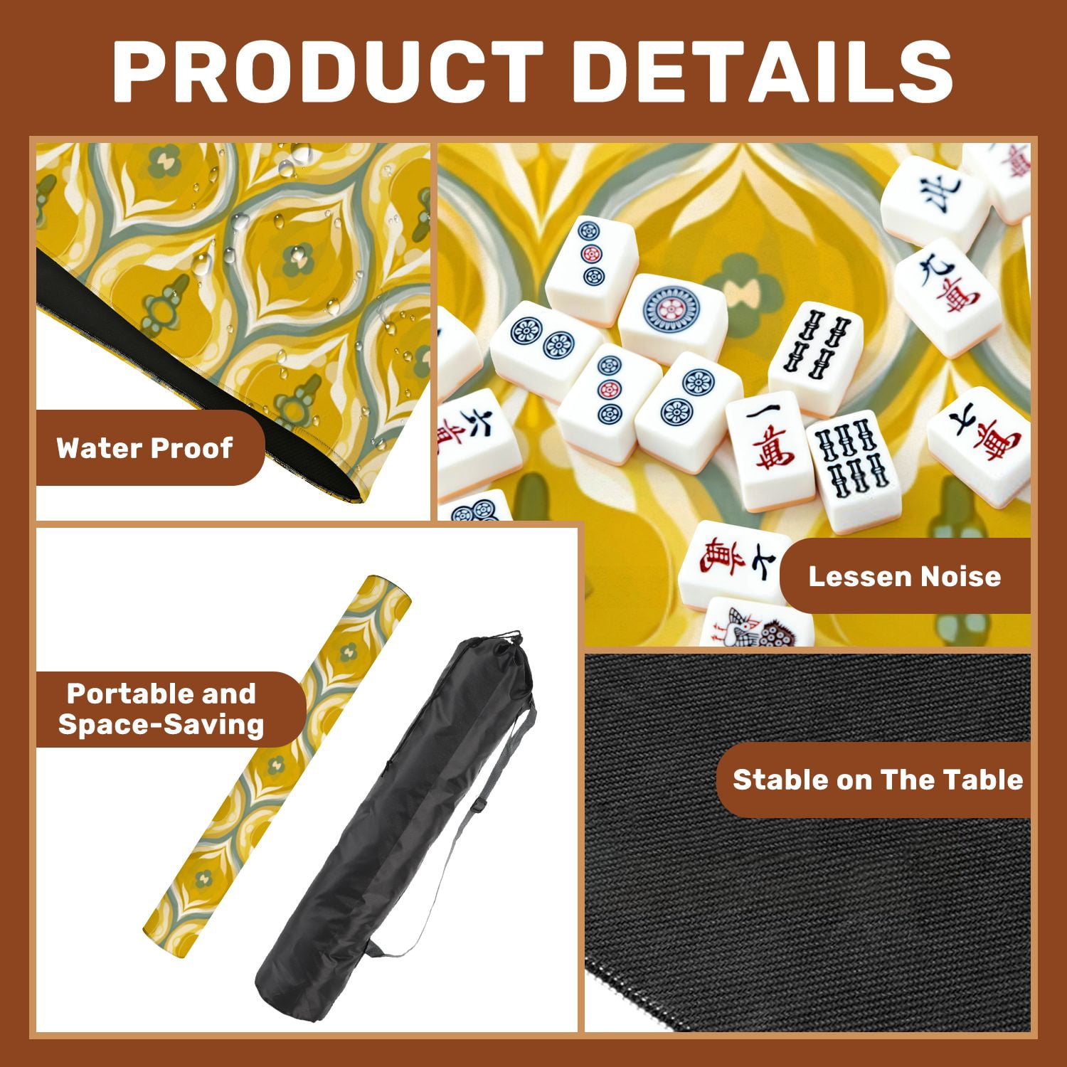 Mahjong Mat 31.5" x 31.5" Mid century retro seamless repeating groovy saucer yellow Non-Slip Noise Reduction American Mahjong Tiles Table Cover for Dominoes Poker Card Board Games Gift