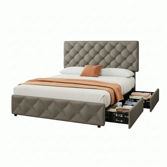 GARVEE Queen Size Bed Frame, with 4 Storage Drawers & Adjustable Headboard, Light Gray