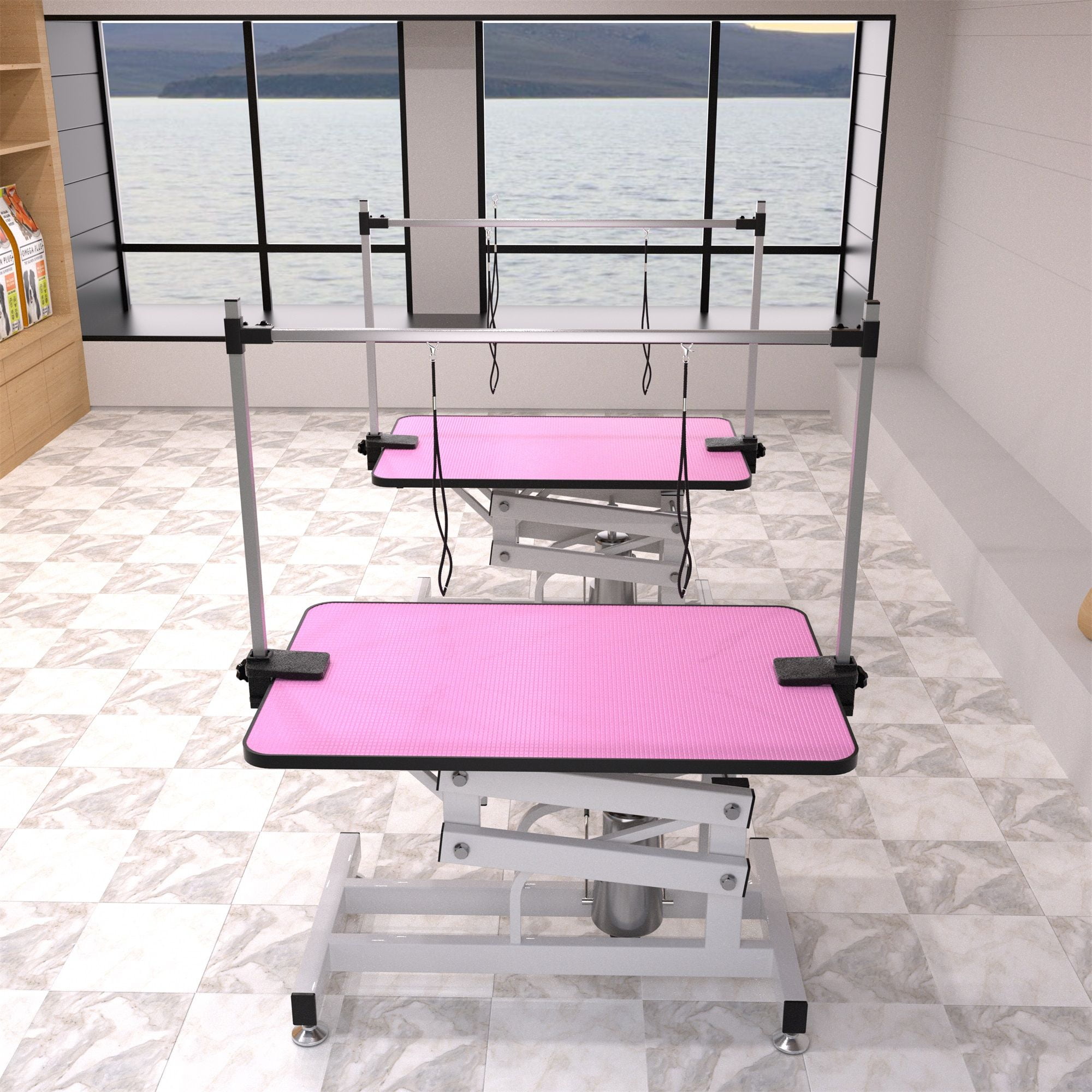 Pefilos 42" Heavy Duty Electric Lifting Pet Dog Grooming Table with "H" Arm, Anti-Skid Rubber Desktop and Powerful Motor Hydraulic Drying Table for Large Dogs, Pink