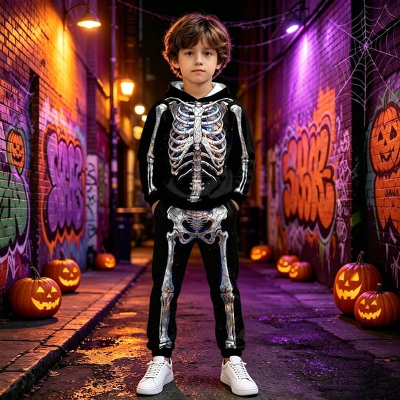 Toddler Boy Casual Clothing Set Halloween Long Sleeved Skeleton Print Hoodie Sweatshirt and Pants Outfit Sets Size 2-3T ,Black