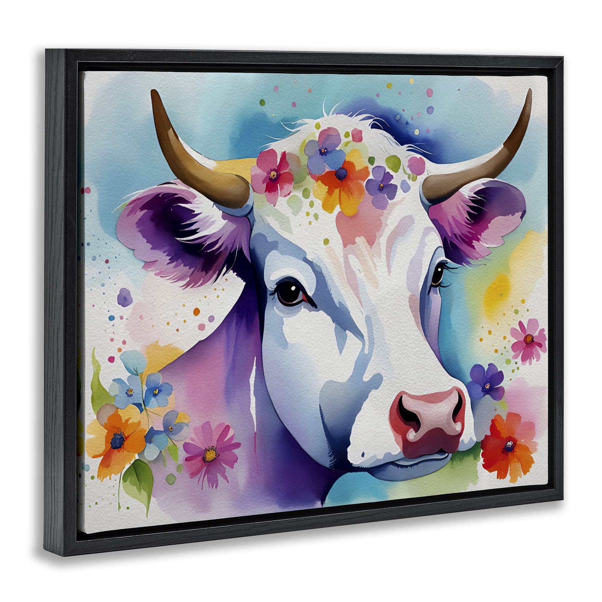 Stupell Industries Flower Speckled Cow Animals & Insects Painting Black Floater Framed Canvas Art Print Wall Art, 21 x 17