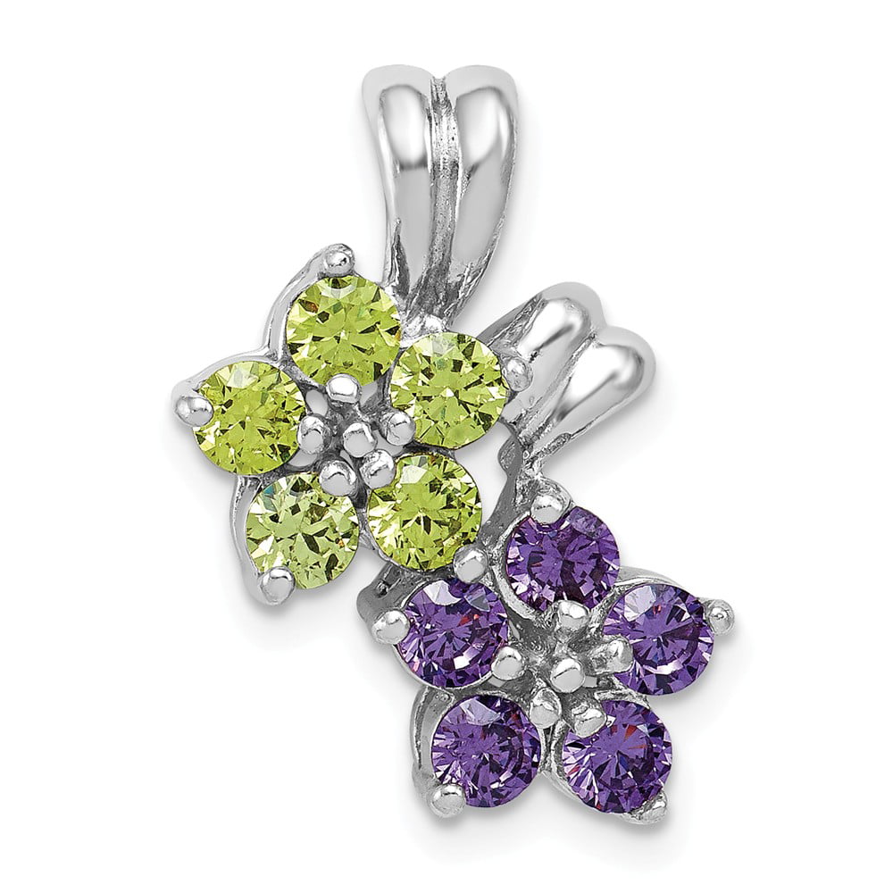 Sterling Silver Rhodium-plated Amethyst & Peridot Floral Pendant 