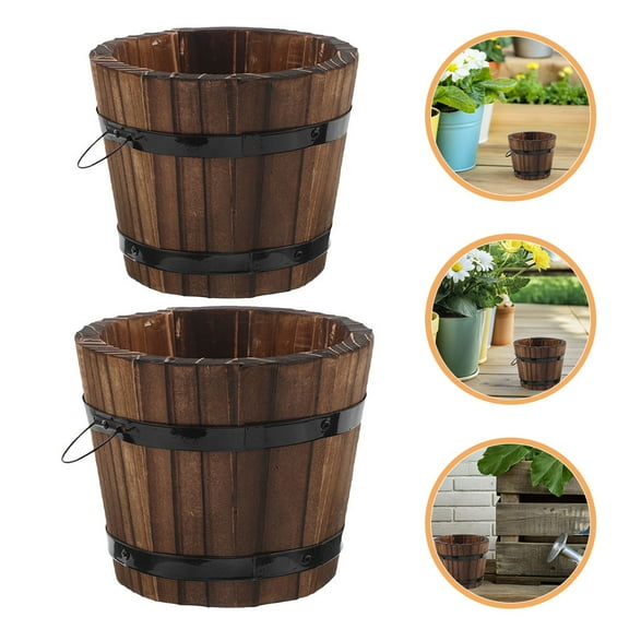 Homoyoyo Carbonized Wood Barrel Planter Brown Wooden Succulent Flower Pot for Home Decor 2Pcs