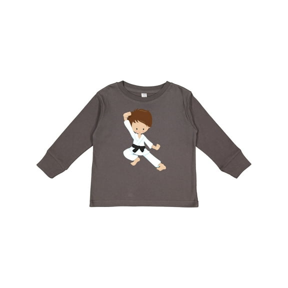 Inktastic Cute Boy, Brown Hair, Black Belt, Karate Pose Boys Long Sleeve Toddler T-Shirt