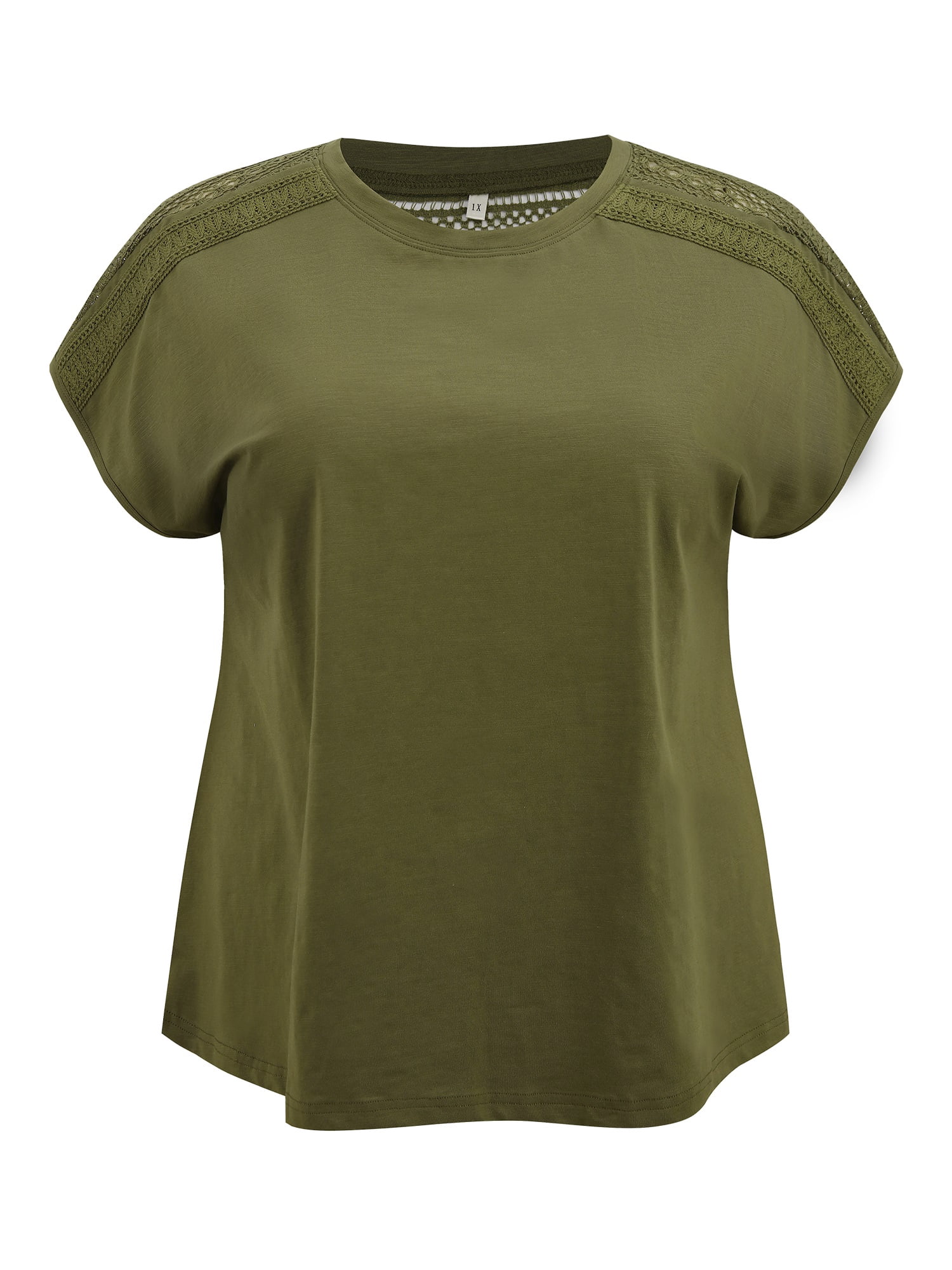 DARING DIVA Women's Plus Short Sleeve Lace Trim Blouse 4X Army Green
