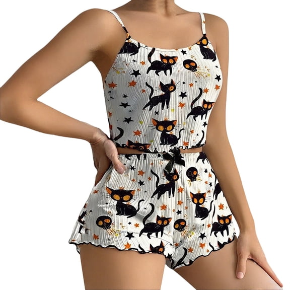 Matching Sets Women Clothing Comfortable Halloween Pattern Tank Top & Shorts Pajamas for Women