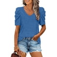 thumbnail image 1 of Camisa informal para mujer, cuello en V, manga abombada, tela elástica, cómoda, Color sólido, Top elegante para verano, oficina en casa, 1 of 6