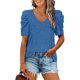thumbnail image 1 of Camisa Casual para Mujer Cuello En V Manga Abullonada Tela Elástica Cómodo Color Sólido Top Elegante para Verano Oficina En Casa Azul M, 1 of 6