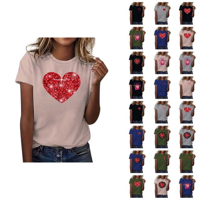 T-shirts pour Femmes de la Saint-Valentin 2026 Mode Manches Courtes Col Rond avec Cœur Graphique