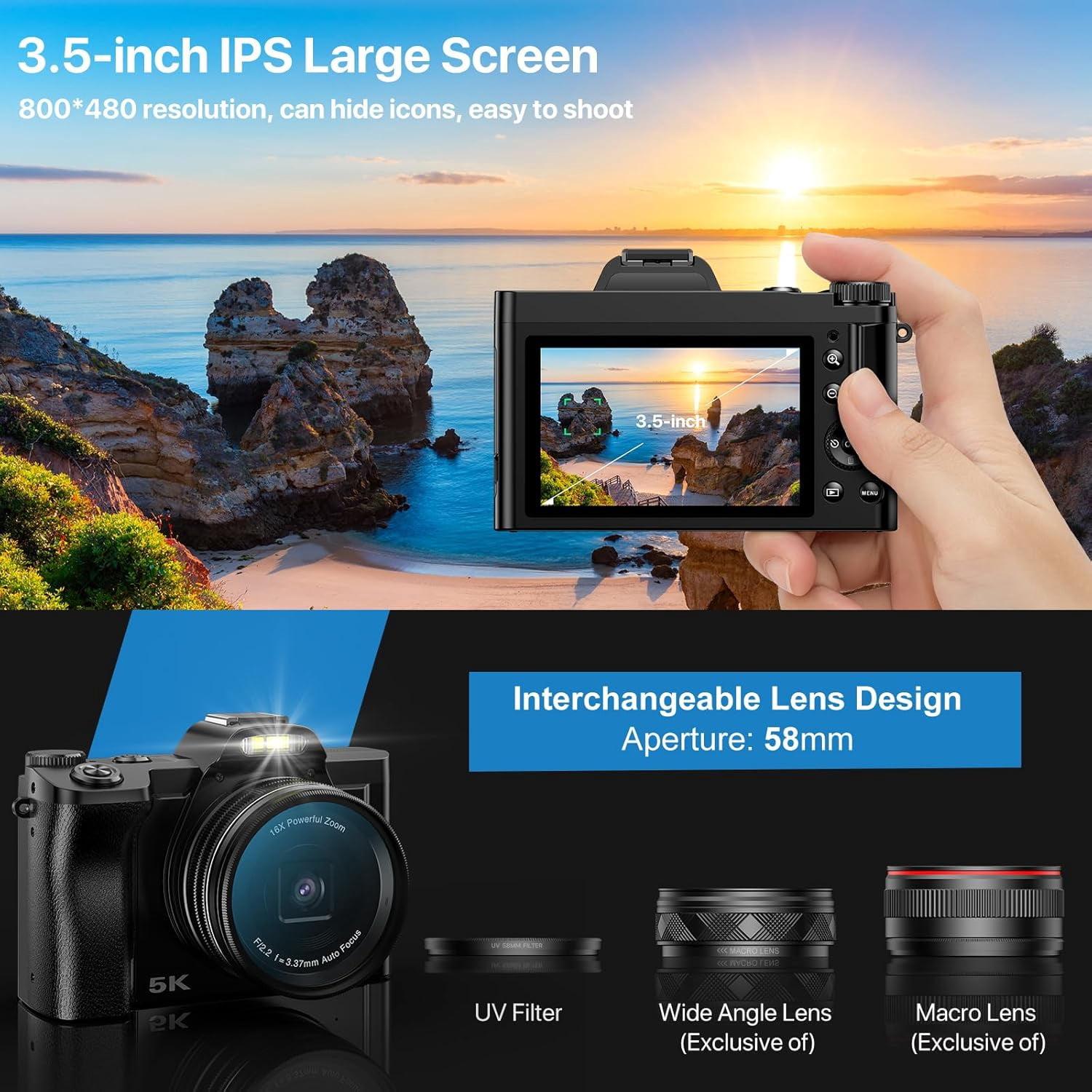 5K Digital Camera WiFi Autofocus Vlogging Camera for YouTube 48MP Camera for Photography and Video, 3.5" Screen Travel Camera with UV Filter, Anti-Shake,16X Digital Zoom,32GB SD Card,2 Batteries