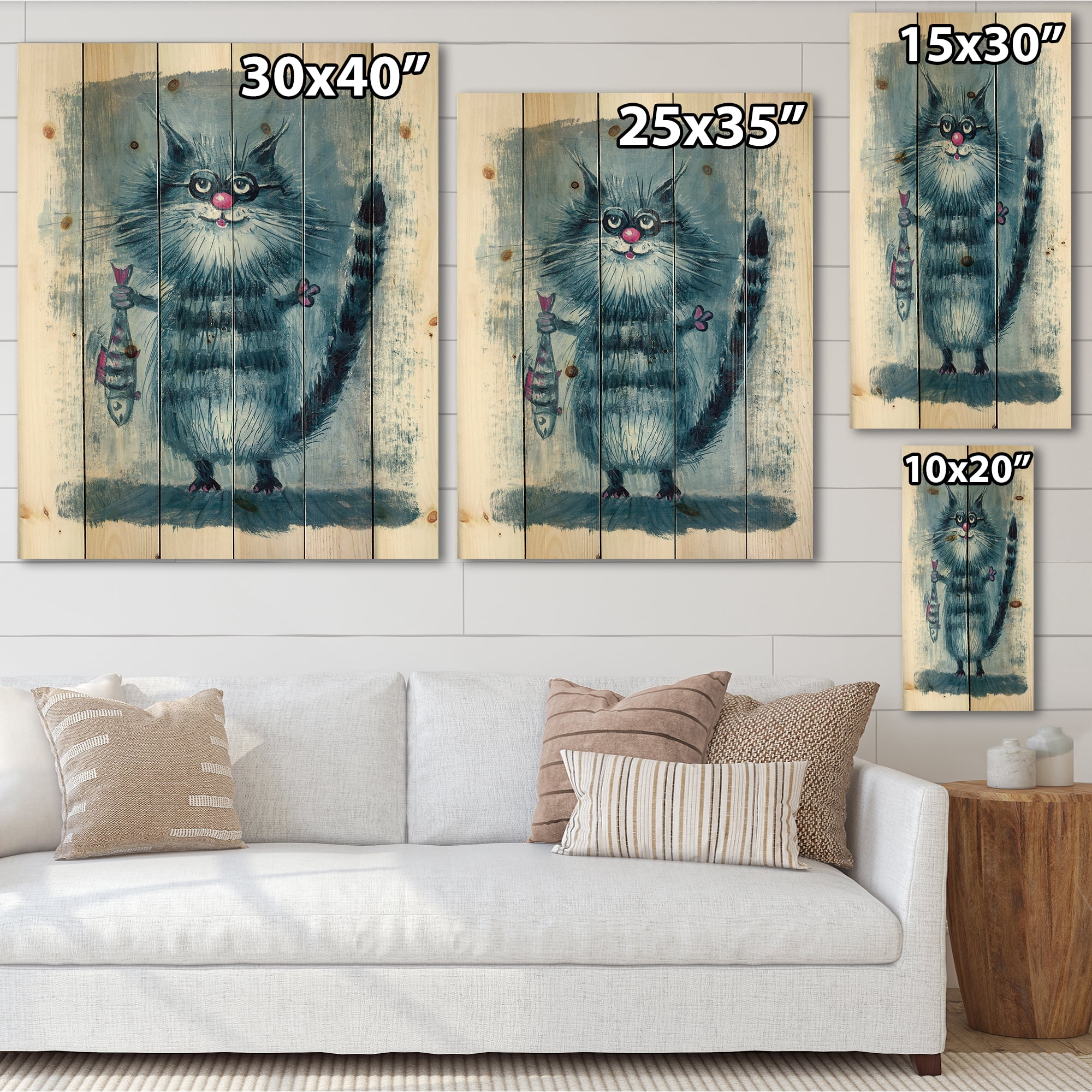 Designart 'Standing Cat Holding A Fish In Its Claws' Nautical & Coastal Print on Natural Pine Wood
