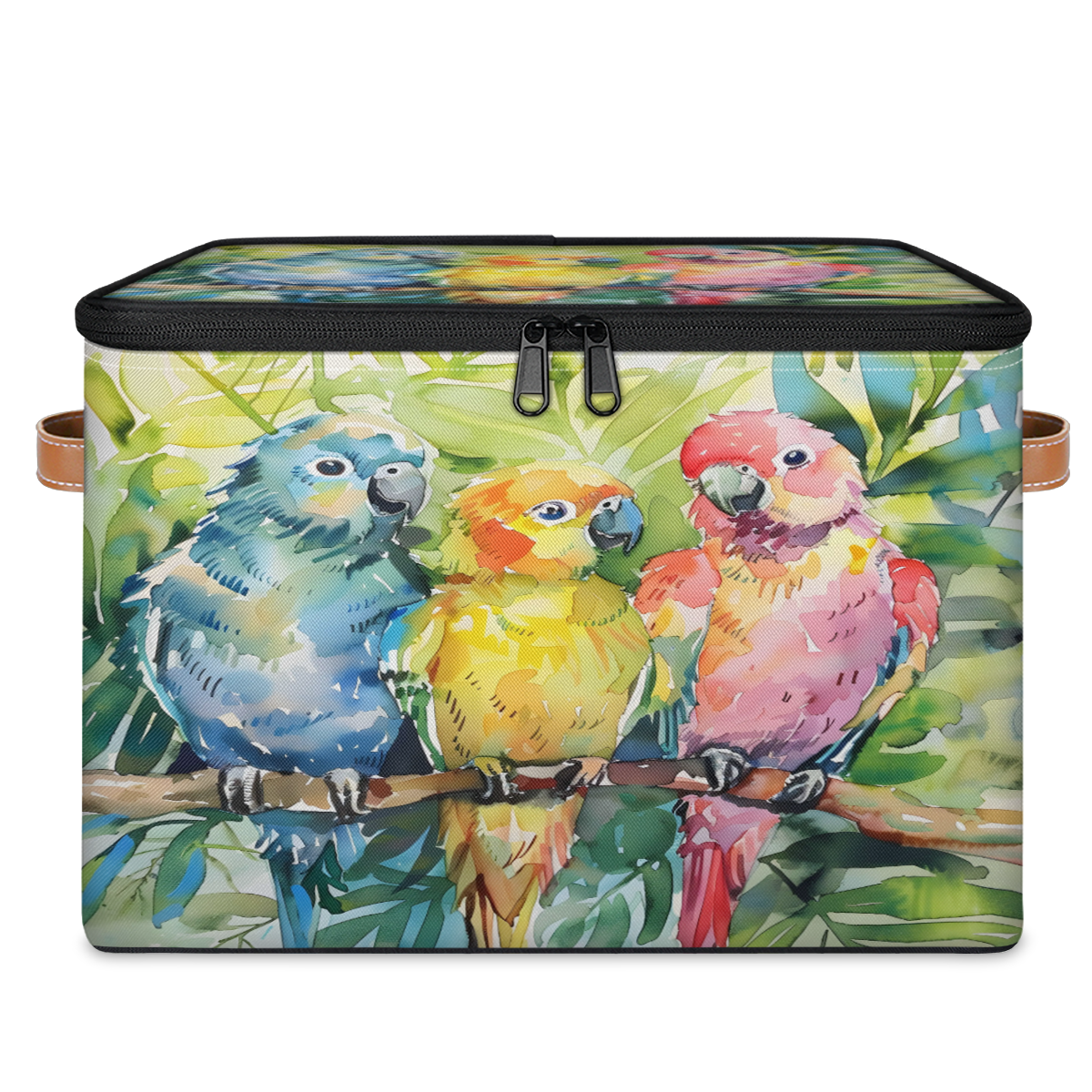 CURLYOOT Bird Fabric Storage Bins with Lids, Colorful Tropical Bird Parrot Foldable Storage Boxes Washable Storage Cube, Closet Bedroom Home Organizer Containers with PU Leather Handles